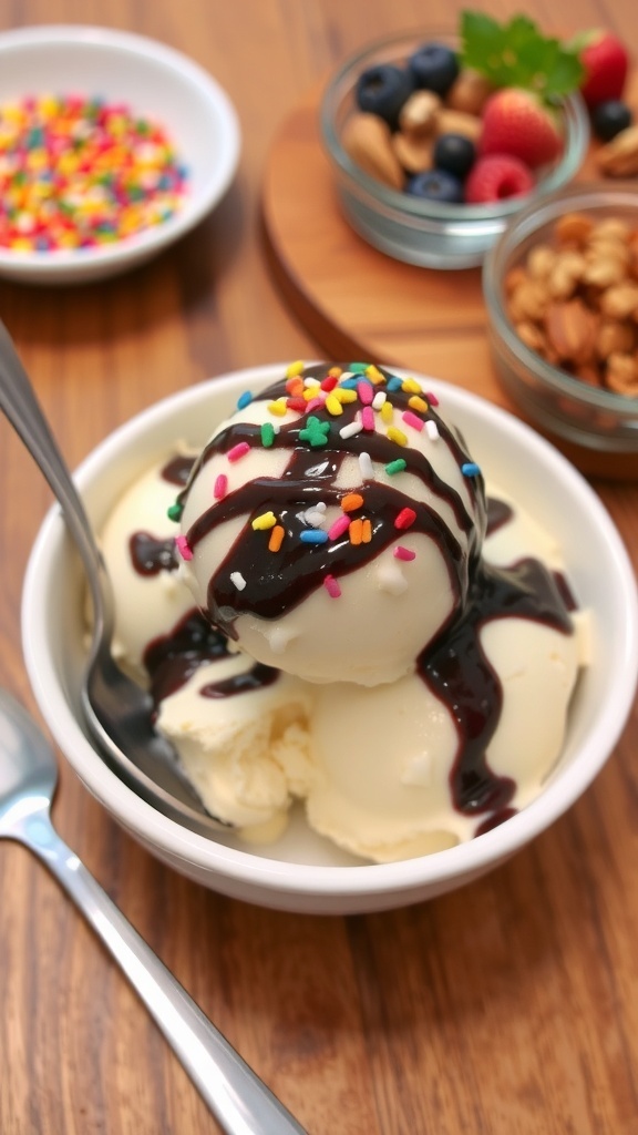 A bowl of vanilla ice cream with chocolate sauce and sprinkles on a wooden table.